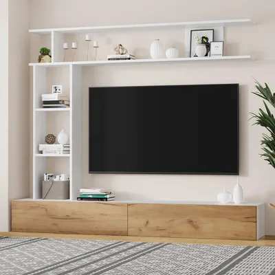 A modern TV wall unit with a TV, shelves, and storage cabinets, set in a living room.