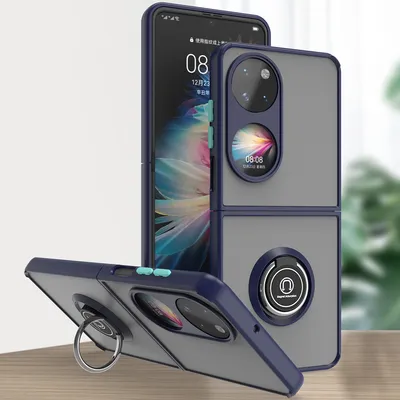 Produktbild von Huawei P50 Pocket Hülle, Ring Halter Ständer Matte Transluzent TPU Rahmen Stoßfest Schutzhülle für Huawei P50 Pocket Blau