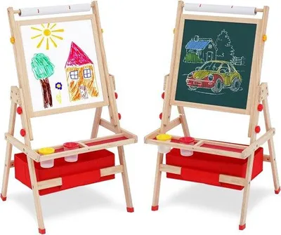 Immagine prodotto di Lavagna in plastica per bambini con portarotolo e lavagna bianca - lavagna girevole bifacciale per bambini e bambine
