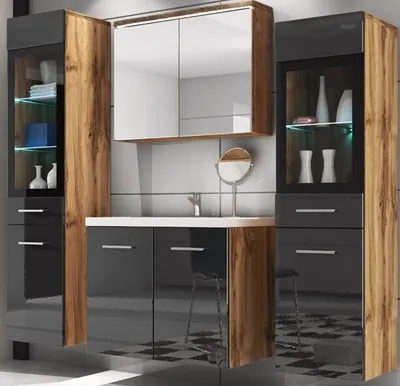 A modern bathroom vanity set with cabinets, a mirror, and a sink.