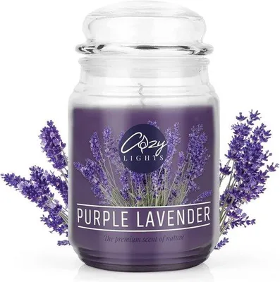 Produktbild von Unyqoos® Duftkerze im Glas 530 g – groß, 100% natürliche Wachsmischung mit Soja, Baumwolldocht, 10 cm Ø x 17 cm, Purple Lavender, bis 140 Std. Brenndauer