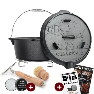 Obrázek produktu pro GUSSKÖNIG Premium Dutch Oven [4,5 l] bez nožiček – vypálený litinový hrnec se zvedákem poklice 2v1, kartáčem a knihou receptů [1–3 osoby]