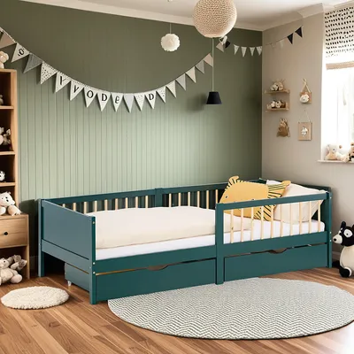 Produktbild von Homestyle4u Kinderbett 90x200 mit 2 Schubladen Matratze Lattenrost und Rausfallschutz Grün