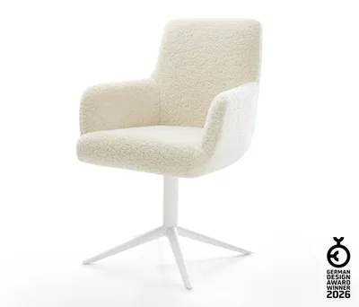 Produktbild von DELIFE Drehstuhl Heira-Flex mit Armlehnen Teddystoff Beige Fußkreuz Weiß 360° drehbar Wippfunktion Taschenfederkern