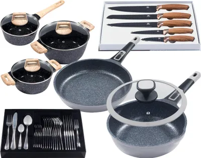 Produktbild von 11tlg. Profi-Bratpfannenset »Moonscape 2er« GRAU Bratpfanne flach (Ø28cm) + Bratpfanne tief (Ø28cm) mit Glasdeckel + 5tlg. Messerset + 3tlg. Kochtopfset (Ø18,20,24cm) + 31tlg. Besteck