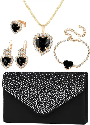 Productafbeelding van 5-delige set hartsieraden en clutch voor dames, voor bruiloft, bal, avondfeest