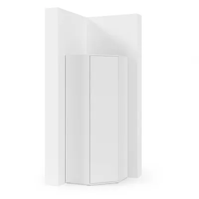 A white corner cabinet is shown against a white background.