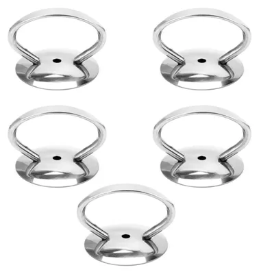 Five stainless steel pot lid knobs are arranged in a grid on a white background.
