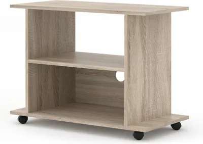 A light brown, wooden TV stand with two shelves and wheels, shown against a white background.