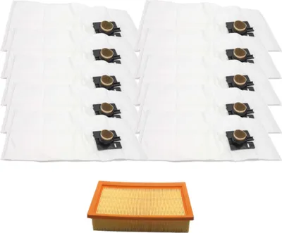 A stack of white vacuum cleaner bags and an orange air filter are displayed against a white background.