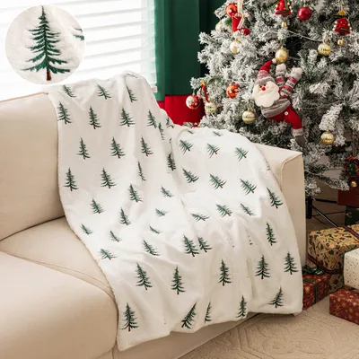 Obrázek produktu pro Vánoční deka plyšová výšivka útulná deka zimní přehoz s vánočním motivem obývací deka rozkládací, 127x152cm