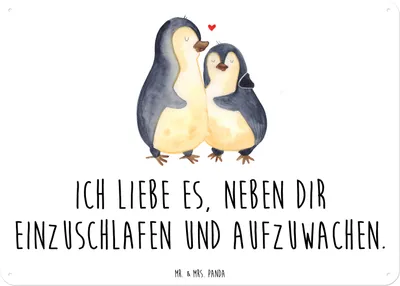 Produktbild von Mr. & Mrs. Panda tafel Pinguine Einschlafen DIN A6 - Weiß - Geschenk, Retro Blechschild, Valentinstag, für Freundin, Hochzeitstag, Mitbringsel, Wandbild, Frauen, Schild