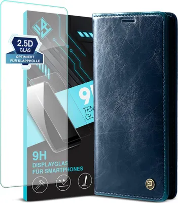 Produktbild von Handyhülle für Samsung Galaxy A17 / A17 5G mit 9H Displayglas Kunstleder Flip Vintage Cover Hülle RFID Schutz Case Kartenfach Farbe: Blau