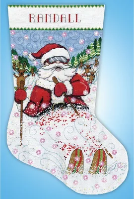 Productafbeelding van Kruissteekset van Design Works, model "Stocking Skiing Santa", afmetingen 43x30 cm