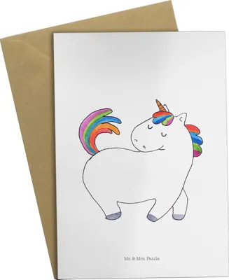 Produktbild von Mr. & Mrs. Panda Glückwunschkarte Einhorn Stolzieren - Weiß - Geschenk, babykarte, hochzeitskarten, weihnachtskarten, Pferd, Reiter, einladungskarten, Stolz, Klappkarte