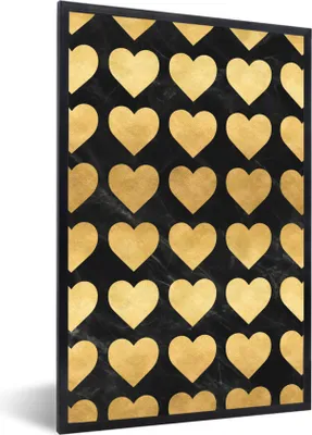 Produktbild von MuchoWow® Gerahmtes Poster Muster - Herz - Gold - Schwarz 40x60 cm - Poster mit Schwarzem Bilderrahmen Wandposter Rahmen Foto Bilder - Papierdruck - Wandbilder
