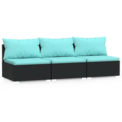 Image de vidaXL Canapé 3 places avec coussins noir poly rotin