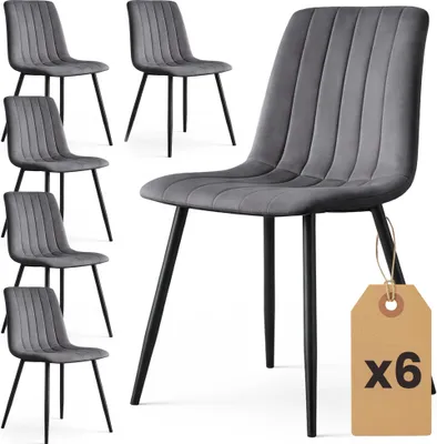 Produktbild von 6er Set Samt-Polsterstühle, gesteppt LIVO Dunkelgrau mit schwarzen Beinen