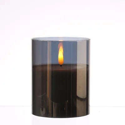 Produktbild von LED Kerze im Glas - Windlicht - Echtwachs - 3D Flamme - Timer - H: 12,5cm - D: 10cm - rauchgrau