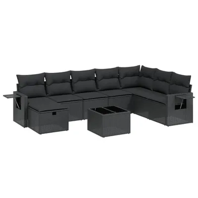 Produktbild von Modulares Garten-Loungeset, 9-teilig, mit abnehmbaren Kissen, Schwarz, Poly Rattan & Hartglas, pulverbeschichteter Stahlrahmen, UV-beständig