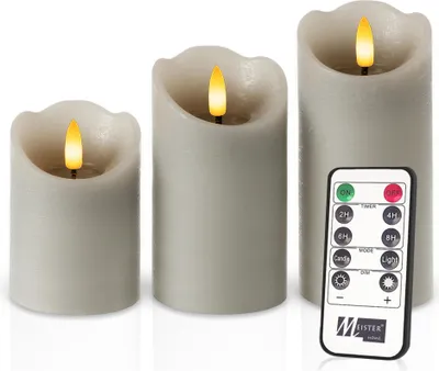 Immagine prodotto di Meisterhome® Set di 3 candele LED - Candele LED - Candele senza fiamma Rustik - Grigio - Luce tremolante bianco caldo - Con telecomando e timer