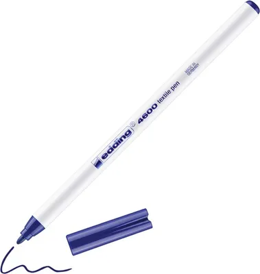 A white Edding 4600 textile pen with a blue cap and a blue ink line drawn on a white background.