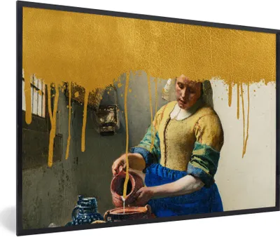 Produktbild von MuchoWow® Gerahmtes Poster Milchmädchen - Gold - Vermeer 90x60 cm - Poster mit Schwarzem Bilderrahmen Wandposter Rahmen Foto Bilder - Fotorahmen - Foto-Plakat