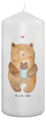 Produktbild von Mr. & Mrs. Panda Kerze Bär Baby 19 x 8 cm - Weiß - Geschenk, Blockkerze, Mutter, Erinnerungskerze, Geburtstag, Neffe, Eltern, Teddy, Stumpenkerze, Wachskerze, Bedruckte
