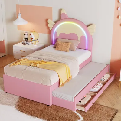 Produktbild von Kinderbett mit Cartoon-Motiv, 90 x 200 cm, Einhornform, mit Ausziehbett, aus PolyurethanMaterial, rosa