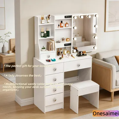 Productafbeelding van Kaptafel Met Led-Spiegel - Wit - Hout - Moderne Make-uptafel - Met Laden - Voor Slaapkamermeubilair