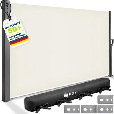 Zdjęcie produktu dla tillvex® Markiza boczna 160x350 cm beżowa rozsuwana i nieprzezroczysta | Osłona balkonu, ogrodu i tarasu | Roleta boczna z uchwytem ściennym | Osłona przeciwsłoneczna ze stali nierdzewnej | Markiza przeciwwiatrowa