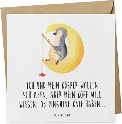 Produktbild von Mr. & Mrs. Panda Glückwunschkarte Pinguin Mond - Weiß - Geschenk, Grußkarte, doppelkarte, Neugierig, Klappkarte, Einschlafen, anlasskarte, Süßigkeiten, Gästezimmer, Angel