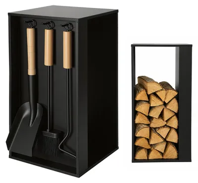 Produktbild von Ikodm Kaminholzregal mit 3-teiligem Kaminbesteck, 54 × 29 × 29 cm, 54 × 23 cm Holzfach, Werkzeuge mit Holzgriffen, Schwarz