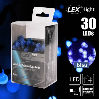 A product package for blue LED string lights with balls, set against a dark background with bokeh effects.
