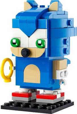 A LEGO brick-built figure of Sonic the Hedgehog standing on a black base.