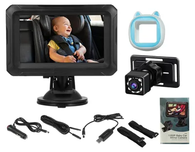 Zdjęcie produktu dla Kamera samochodowa do monitorowania niemowląt z monitorem 4,3", kamera tylna 1080p z funkcją widzenia w nocy, obrót o 360°, szeroki kąt widzenia, złącze USB – dla bezpieczeństwa noworodków