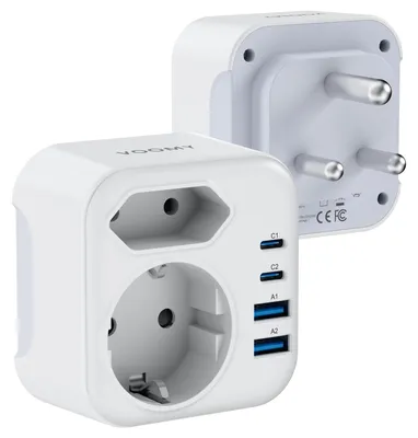 Zdjęcie produktu dla Adapter podróżny Voomy do użytku w Republice Południowej Afryki, Namibii, Lesoto i Mozambiku, napięcie 100–250V~, maksymalny prąd 15A, składany, wykonany z materiałów ognioodpornych, typ M – wtyczka europejska do gniazdek południowoafrykańskich