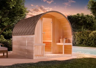 Produktbild von FinnTherm Fasssauna aus Holz ScandiPod Premium, Outdoor-Sauna mit Terrasse, Außensauna Garten mit 42 mm Wandstärke, Saunahaus 204 x 285 x 210 cm, Natur ohne Fenster