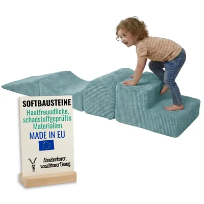 Produktbild von Pillows24 – Schaumstoff Bausteine Kinder aus Cord | 4-teiliges Softbausteine Set zum Spielen & Klettern Baby | für Motorik & Bewegung