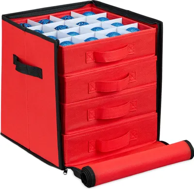 Zdjęcie produktu dla Pudełko do przechowywania bombek świątecznych Relaxdays, 64 przegródki, wys. x szer. x gł.: 30,5 x 31 x 30,5 cm, pudełko na bombki choinkowe, czerwono-czarne