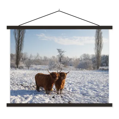 Produktbild von MuchoWow® Textilposter Schottischer Hochländer - Licht - Schnee 150x113 cm mit holzfarbenen Rahmen - Poster