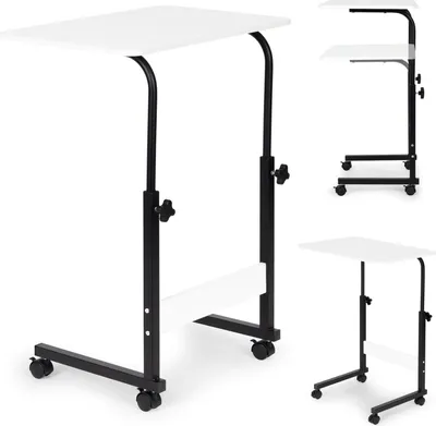 Multiple views of an adjustable height laptop table with wheels.