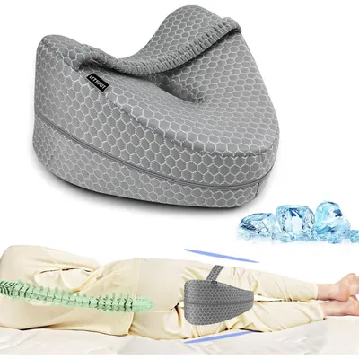 Produktbild von Kniekissen für Seitenschläfer, ergonomisches Beinkissen aus Memory Schaum mit kühlendem Bezug, grau
