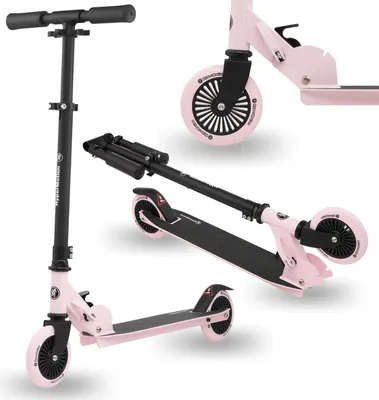 A collage of images showing a pink and black foldable scooter from different angles.