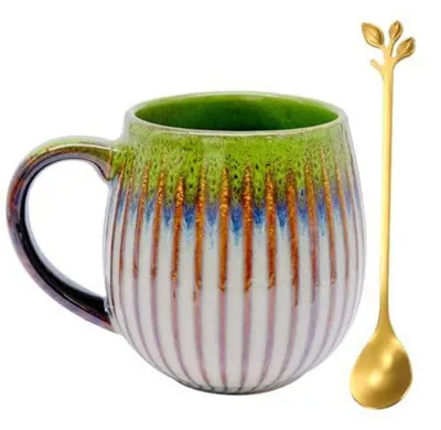 Zdjęcie produktu dla Filiżanka ceramiczna, 500 ml, duża, ciemnozielona, z łyżeczką