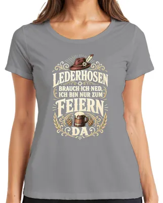 Productafbeelding van Ik heb geen lederhosen nodig, ik ben er alleen om te feesten. Dirndl Wiesn dames T-shirt, grijs, maat M