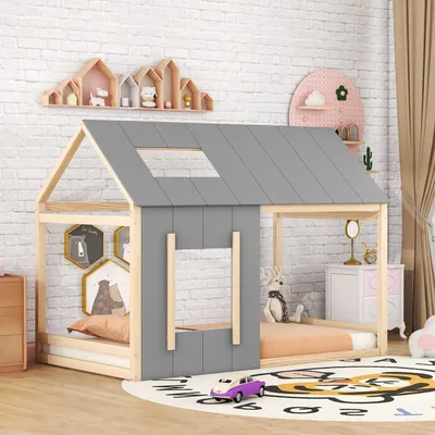 Produktbild von Odikalo Kinderbett Hausform Einzelhaus-Flachbett Dachform mit Fenster Kiefer Natur 90x200cm