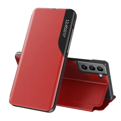 Immagine prodotto di Custodia Flip per Samsung Galaxy S22 5G, custodia in Finto cuoio con funzione di finestra e supporto rosso