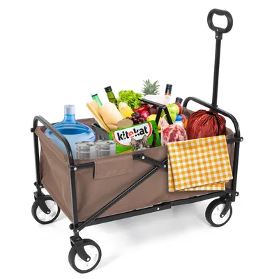 Produktbild von IvoQ Faltbarer Bollerwagen – Braun – Stabiler Stahlrahmen – Tragfähigkeit 80 kg – Kompakt & Leicht – Ideal für Strand, Camping, Garten & Einkäufe