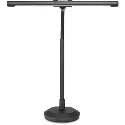 A black floor lamp with an LED light bar is shown against a white background.